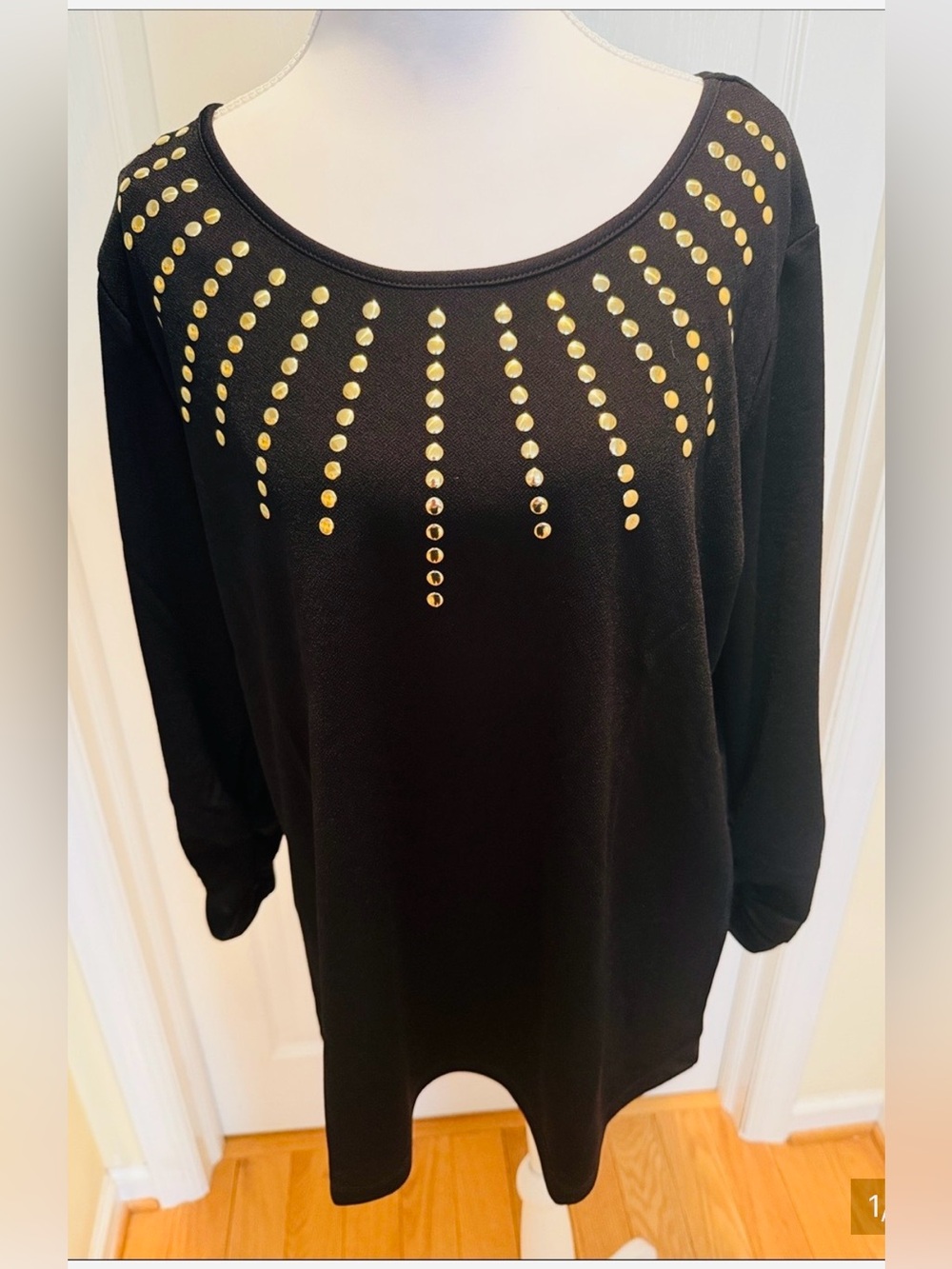 Robert Louis Black Long-Sleeve Scoop Neck Top with Gold Studs